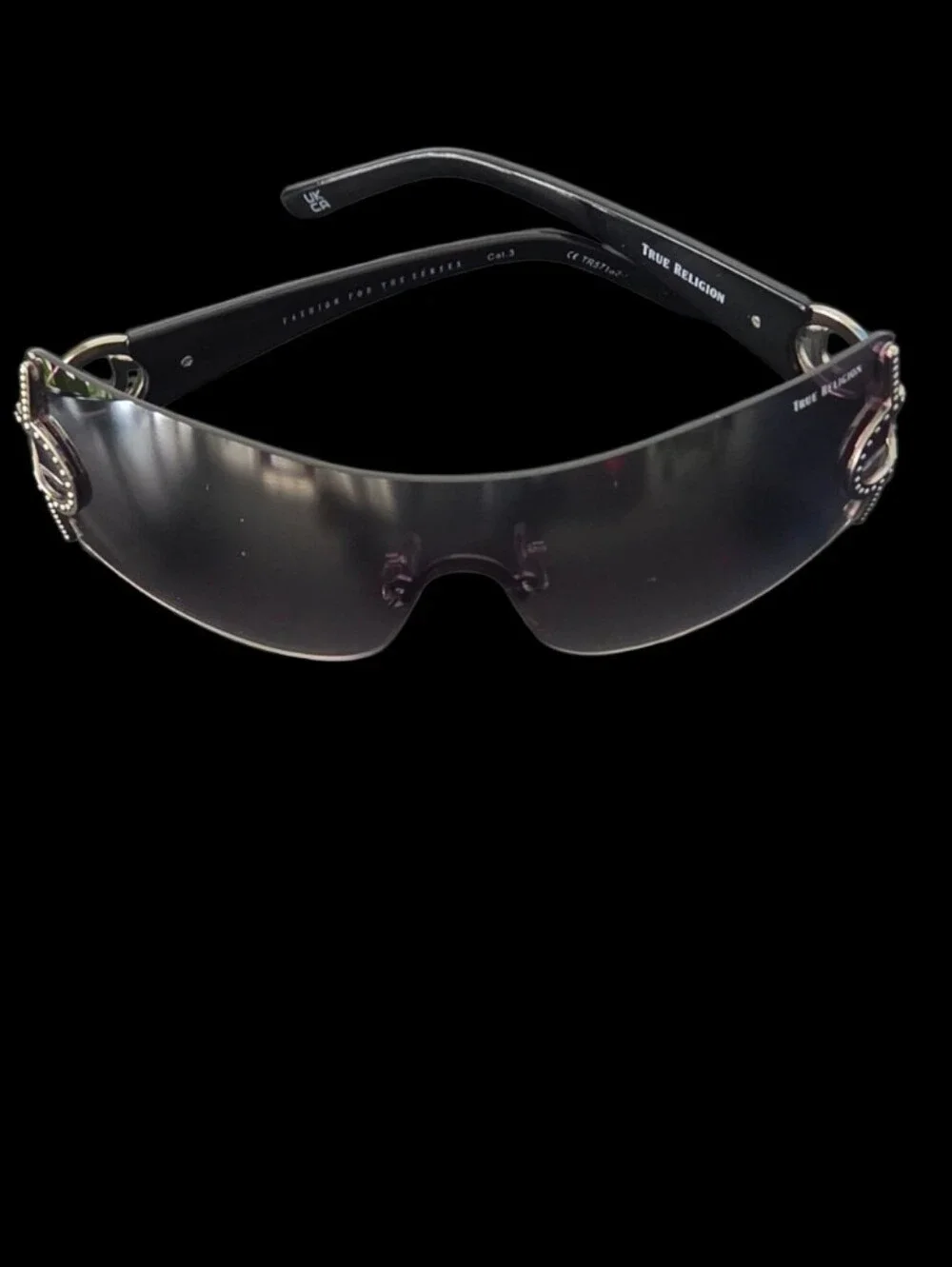 True Religion Rhinestone  Crystal Shield Glasses Logo Oversized Gray Black